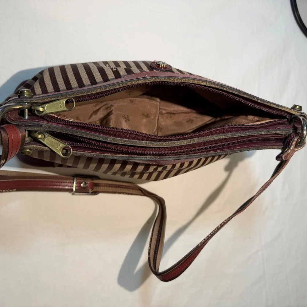 Vintage John Romain Striped Crossbody Bag Brown Burgundy Leather Trim Lion Crest